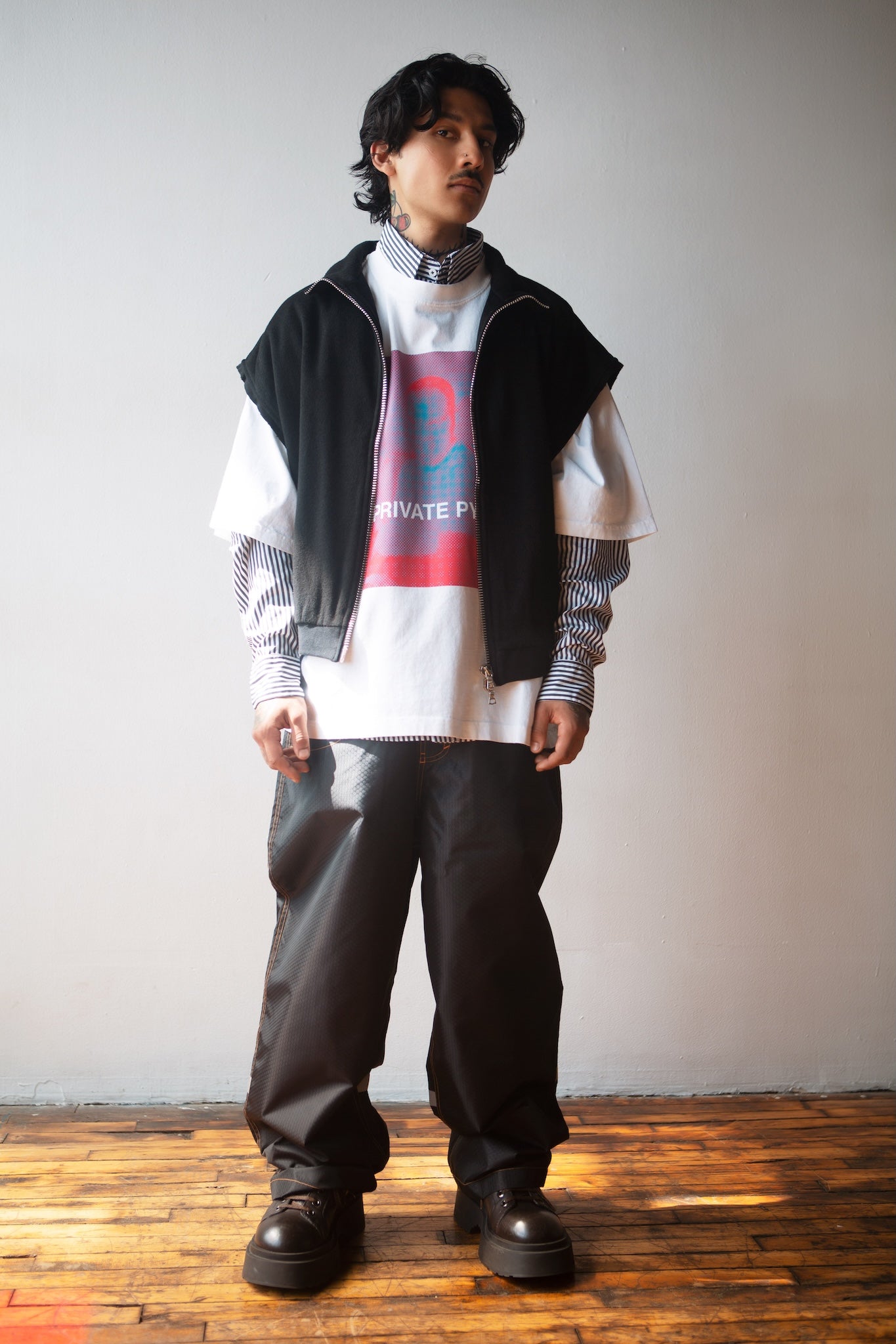 LAYERD SLEEVS SHIRT BLACK STRIPE