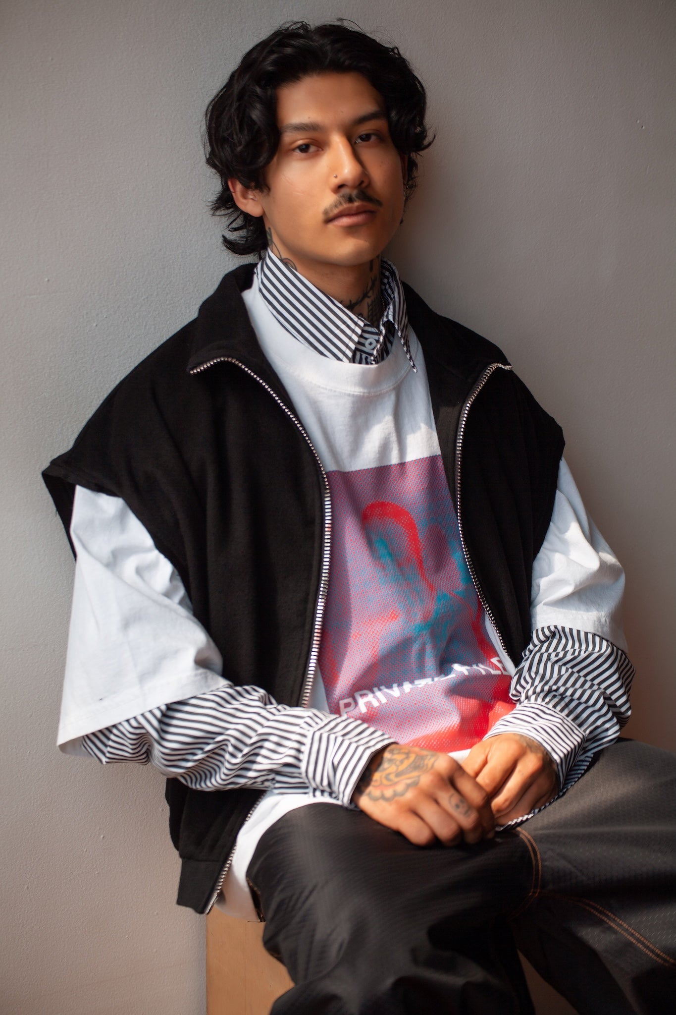 LAYERD SLEEVS SHIRT BLACK STRIPE